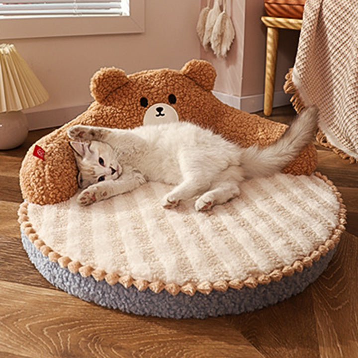 Lit pour chat en forme d’ours et de chaton, en velours rond contemporain, rembourré de coton PP, pour chambre à coucher 