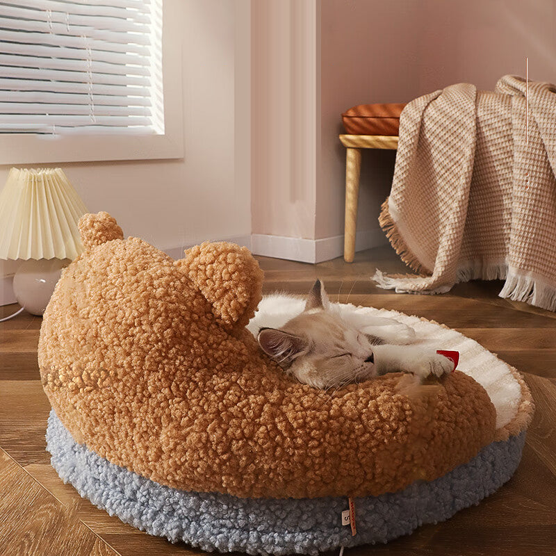 Lit pour chat en forme d’ours et de chaton, en velours rond contemporain, rembourré de coton PP, pour chambre à coucher 