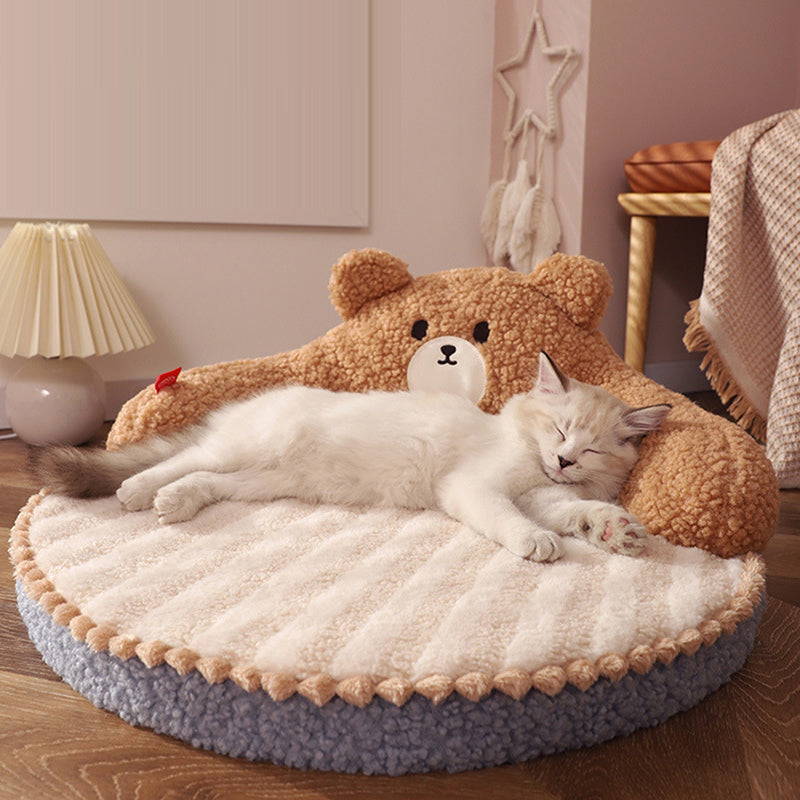 Lit pour chat en forme d’ours et de chaton, en velours rond contemporain, rembourré de coton PP, pour chambre à coucher 