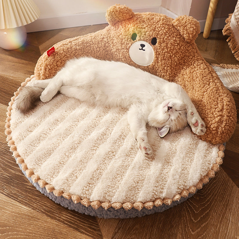 Lit pour chat en forme d’ours et de chaton, en velours rond contemporain, rembourré de coton PP, pour chambre à coucher 