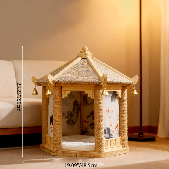 Árbol para gatos de diseño de pabellón de madera maciza de pino hexagonal tradicional chino con tela de sisal para dormitorio y sala de estar 