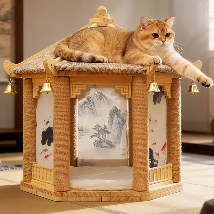 Árbol para gatos de diseño de pabellón de madera maciza de pino hexagonal tradicional chino con tela de sisal para dormitorio y sala de estar 