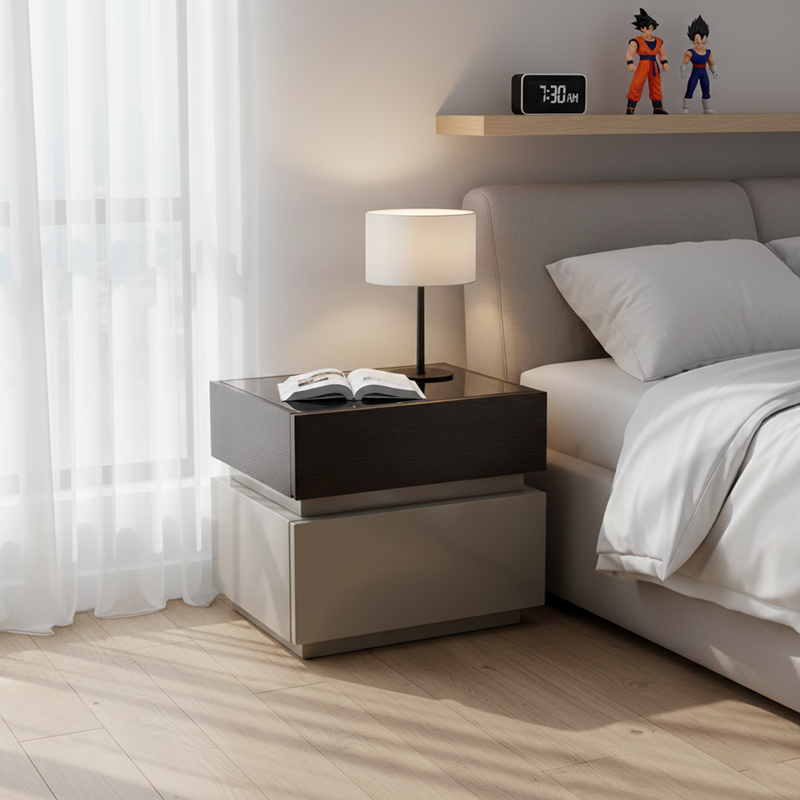 Modern Minimalist Dual-Drawer Storage Nightstand: Black &amp; White Contrast Design - Smart Bedside Table With Sensor Light For Bedroom