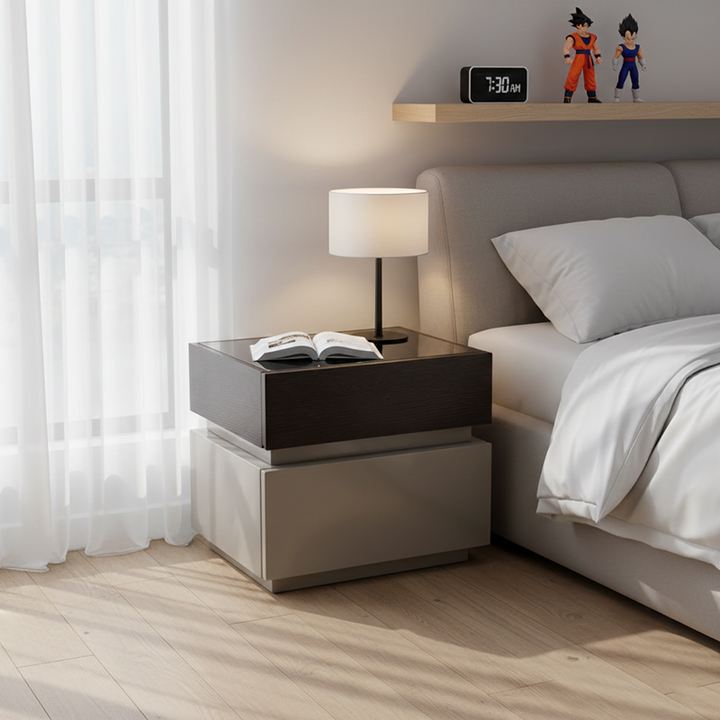 Modern Minimalist Dual-Drawer Storage Nightstand: Black &amp; White Contrast Design - Smart Bedside Table With Sensor Light For Bedroom