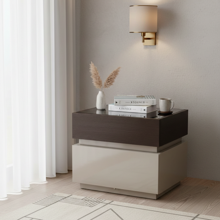 Modern Minimalist Dual-Drawer Storage Nightstand: Black &amp; White Contrast Design - Smart Bedside Table With Sensor Light For Bedroom