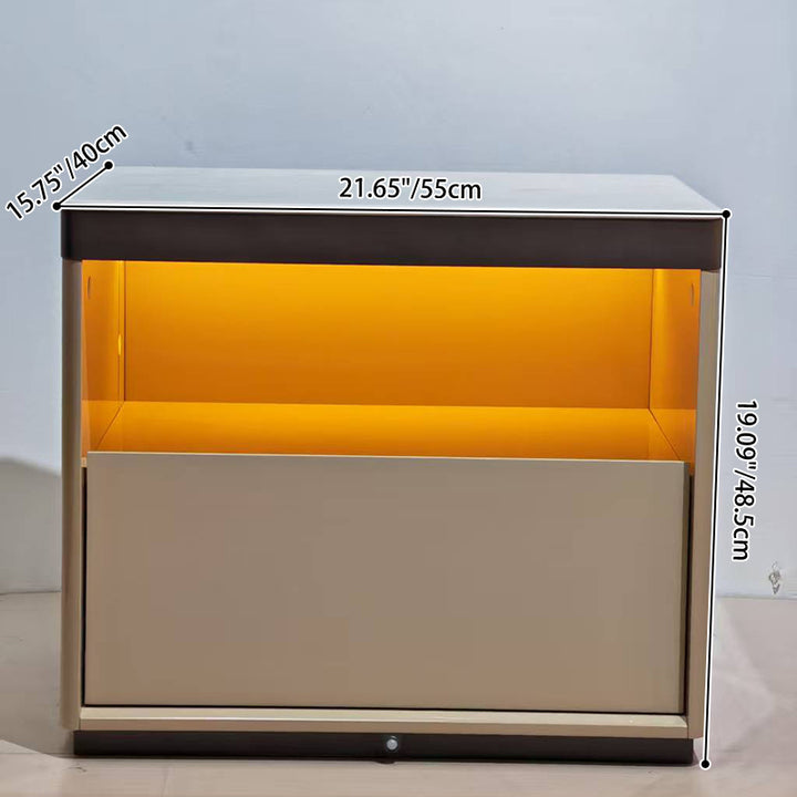 Modern Minimalist Off-White Nightstand: Marble Top &amp; Motion-Sensor Light Design - Quiet Single-Drawer Storage Bedside Table For Bedroom
