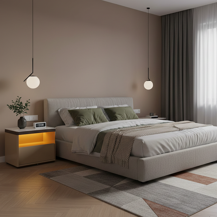 Modern Minimalist Off-White Nightstand: Marble Top &amp; Motion-Sensor Light Design - Quiet Single-Drawer Storage Bedside Table For Bedroom