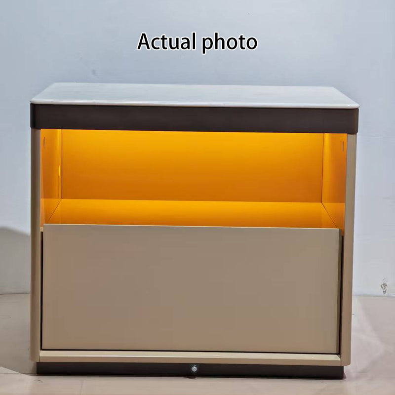 Modern Minimalist Off-White Nightstand: Marble Top &amp; Motion-Sensor Light Design - Quiet Single-Drawer Storage Bedside Table For Bedroom