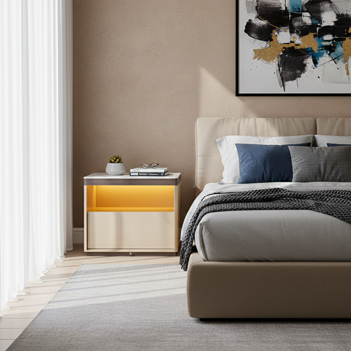 Modern Minimalist Off-White Nightstand: Marble Top &amp; Motion-Sensor Light Design - Quiet Single-Drawer Storage Bedside Table For Bedroom