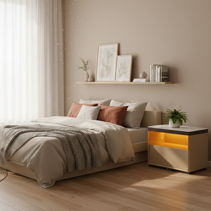 Modern Minimalist Off-White Nightstand: Marble Top &amp; Motion-Sensor Light Design - Quiet Single-Drawer Storage Bedside Table For Bedroom