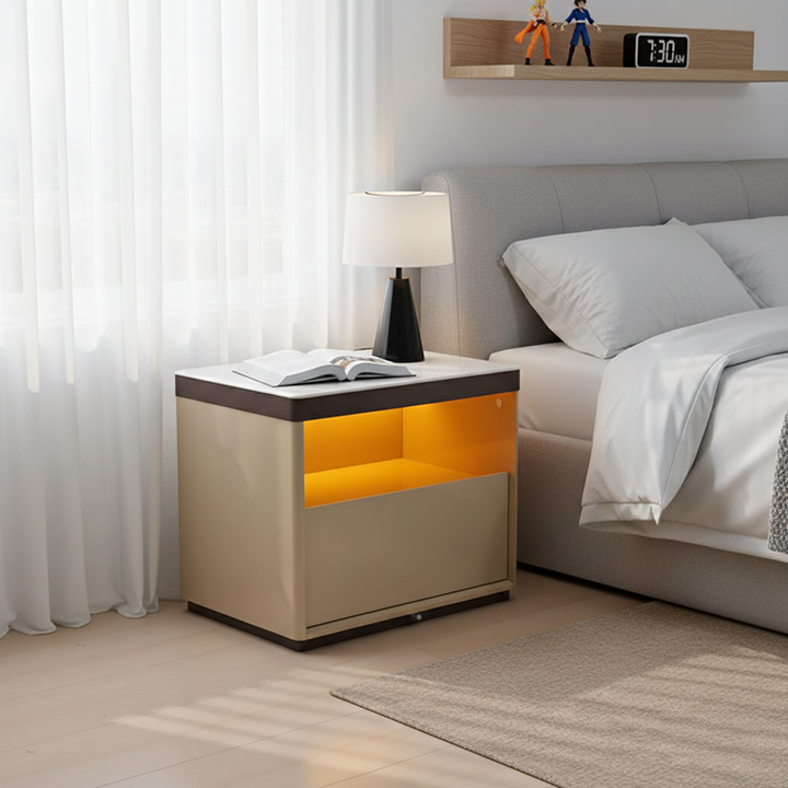 Modern Minimalist Off-White Nightstand: Marble Top &amp; Motion-Sensor Light Design - Quiet Single-Drawer Storage Bedside Table For Bedroom