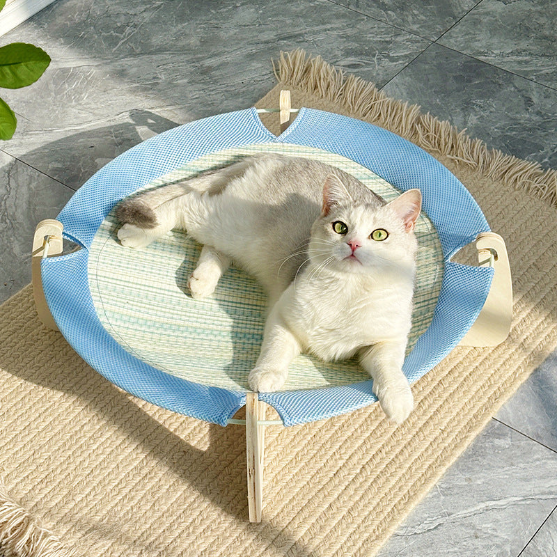 Lit pour chat contemporain bohème rond à plusieurs couches en panneau de bois massif et tapis d’herbe asiatique pour chambre à coucher 