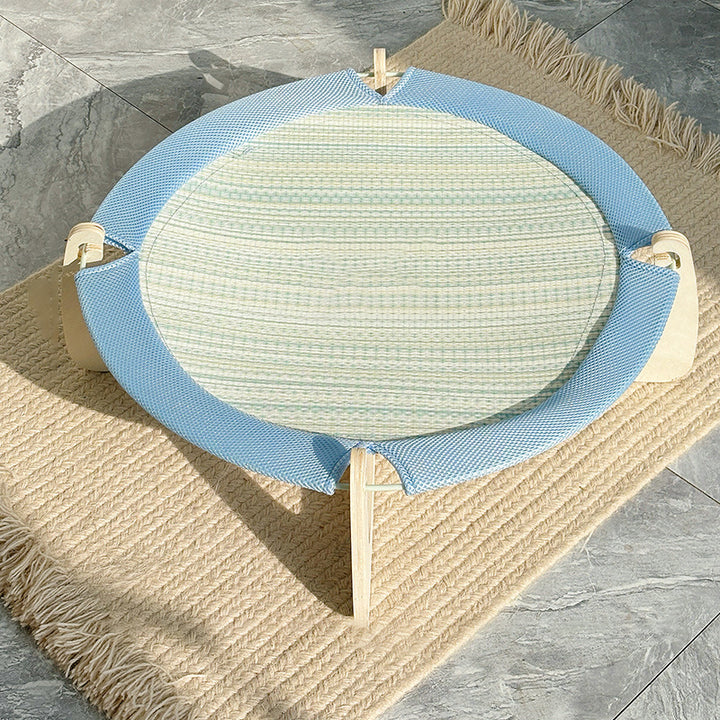 Cama redonda contemporánea boho para gatos de madera contrachapada y esterilla de hierba asiática para dormitorio 