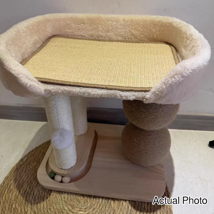 Contemporary Scandinavian Rectangular Pine Wood Velvet Fabric Sisal Cat Tree 2-Tier For Living Room &amp; Bedroom