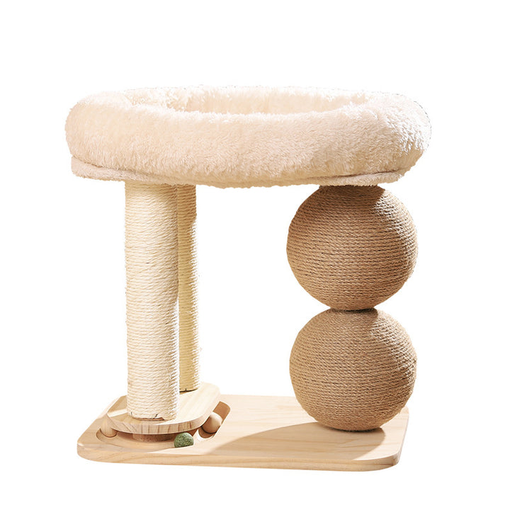 Contemporary Scandinavian Rectangular Pine Wood Velvet Fabric Sisal Cat Tree 2-Tier For Living Room &amp; Bedroom