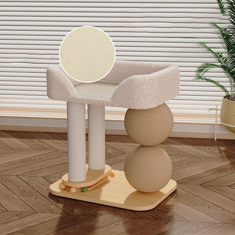 Contemporary Scandinavian Rectangular Pine Wood Velvet Fabric Sisal Cat Tree 2-Tier For Living Room &amp; Bedroom
