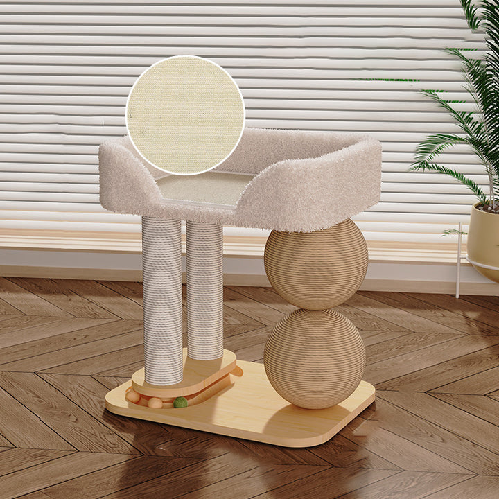 Contemporary Scandinavian Rectangular Pine Wood Velvet Fabric Sisal Cat Tree 2-Tier For Living Room &amp; Bedroom