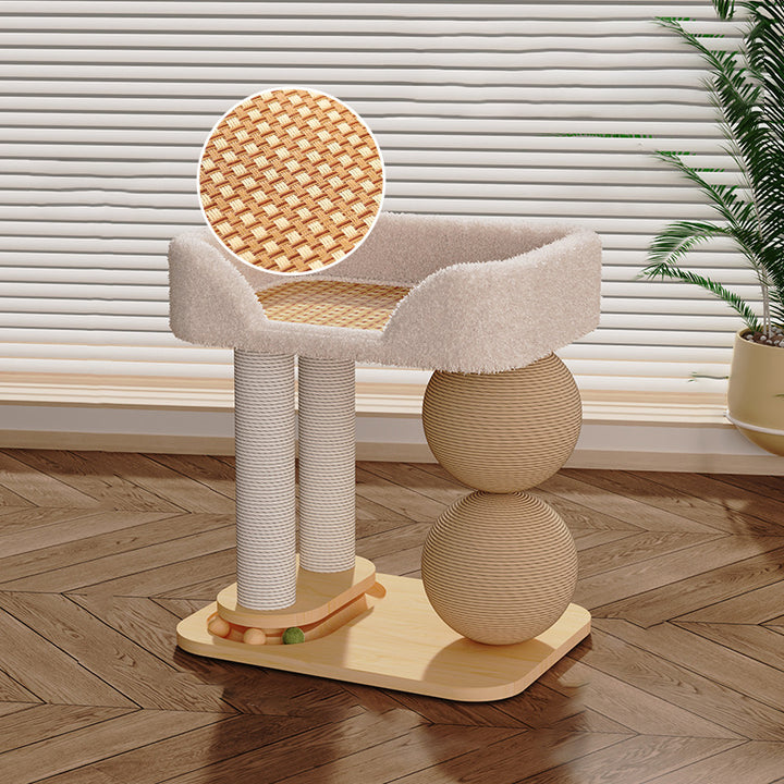Contemporary Scandinavian Rectangular Pine Wood Velvet Fabric Sisal Cat Tree 2-Tier For Living Room &amp; Bedroom