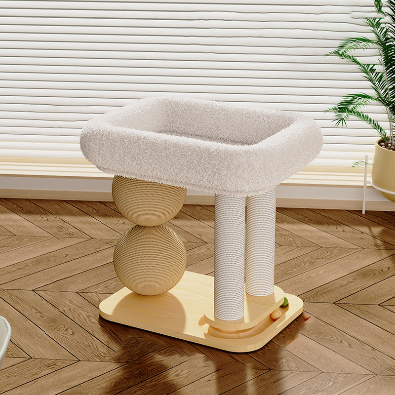 Contemporary Scandinavian Rectangular Pine Wood Velvet Fabric Sisal Cat Tree 2-Tier For Living Room &amp; Bedroom
