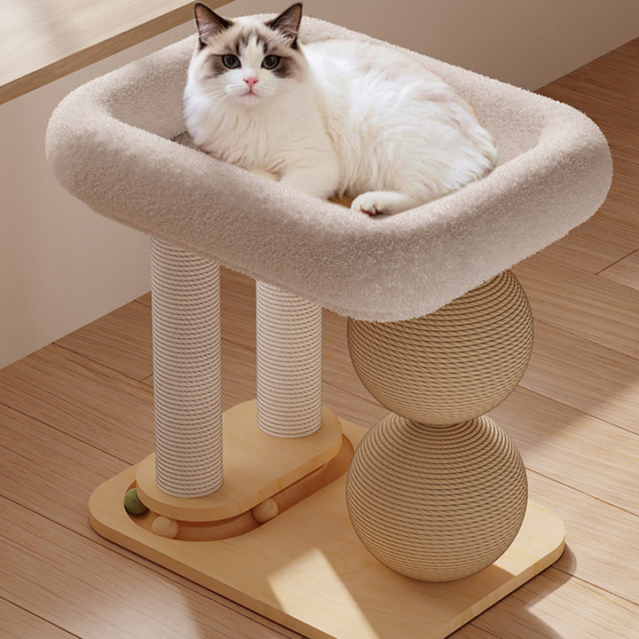 Contemporary Scandinavian Rectangular Pine Wood Velvet Fabric Sisal Cat Tree 2-Tier For Living Room &amp; Bedroom