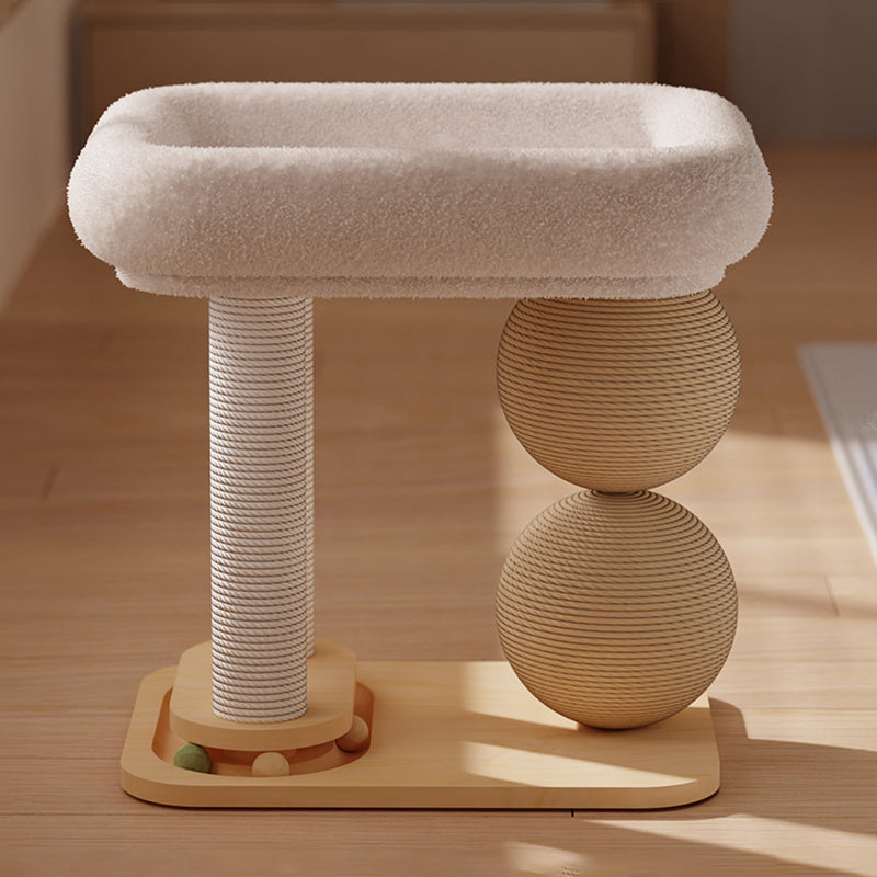 Contemporary Scandinavian Rectangular Pine Wood Velvet Fabric Sisal Cat Tree 2-Tier For Living Room &amp; Bedroom