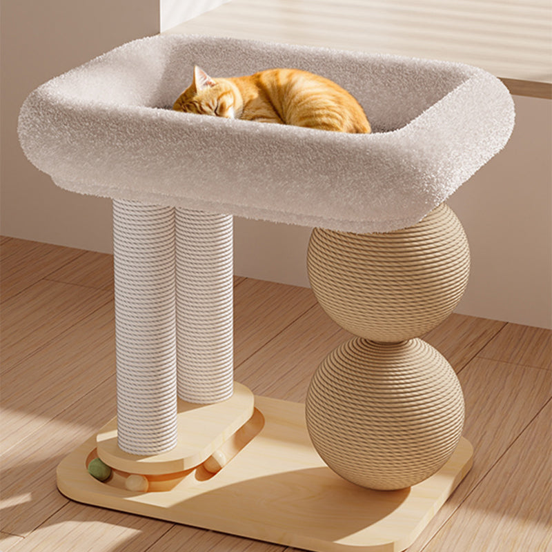 Contemporary Scandinavian Rectangular Pine Wood Velvet Fabric Sisal Cat Tree 2-Tier For Living Room &amp; Bedroom