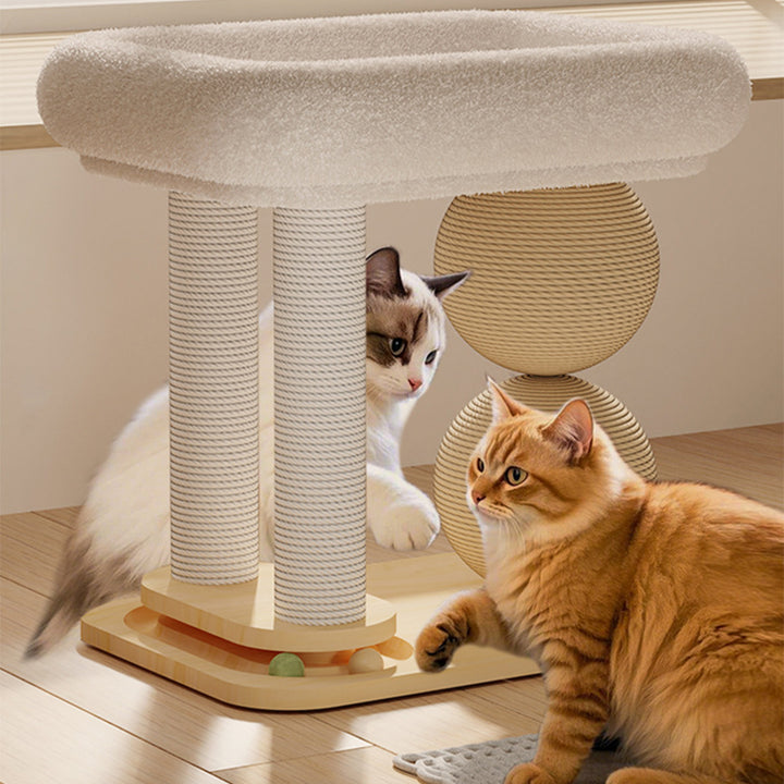 Contemporary Scandinavian Rectangular Pine Wood Velvet Fabric Sisal Cat Tree 2-Tier For Living Room &amp; Bedroom