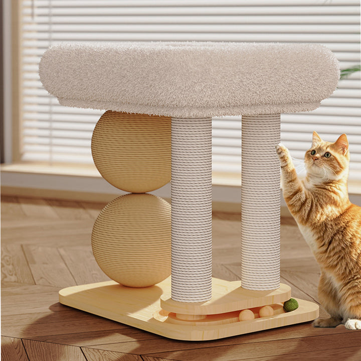Contemporary Scandinavian Rectangular Pine Wood Velvet Fabric Sisal Cat Tree 2-Tier For Living Room &amp; Bedroom