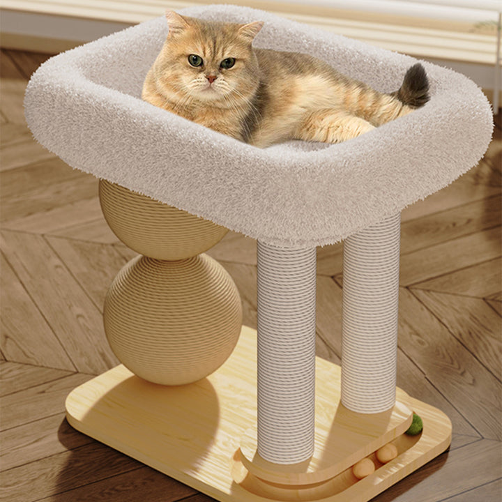 Contemporary Scandinavian Rectangular Pine Wood Velvet Fabric Sisal Cat Tree 2-Tier For Living Room &amp; Bedroom