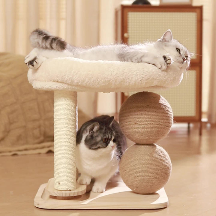 Contemporary Scandinavian Rectangular Pine Wood Velvet Fabric Sisal Cat Tree 2-Tier For Living Room &amp; Bedroom