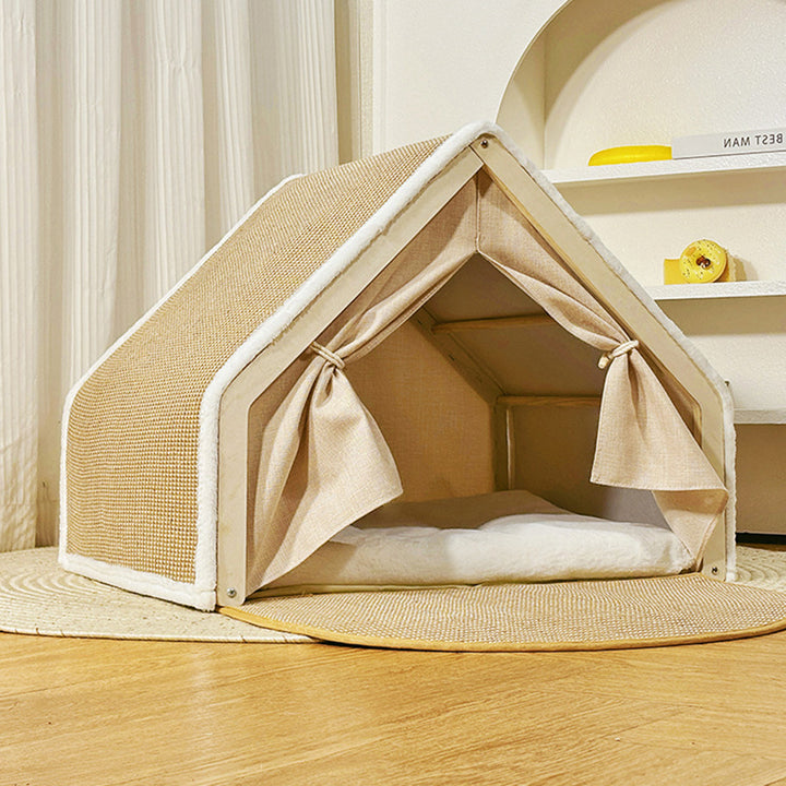 Lit pour chat contemporain scandinave rectangulaire en panneau de bois massif multicouche avec tissu en jute et velours, pour la chambre à coucher 