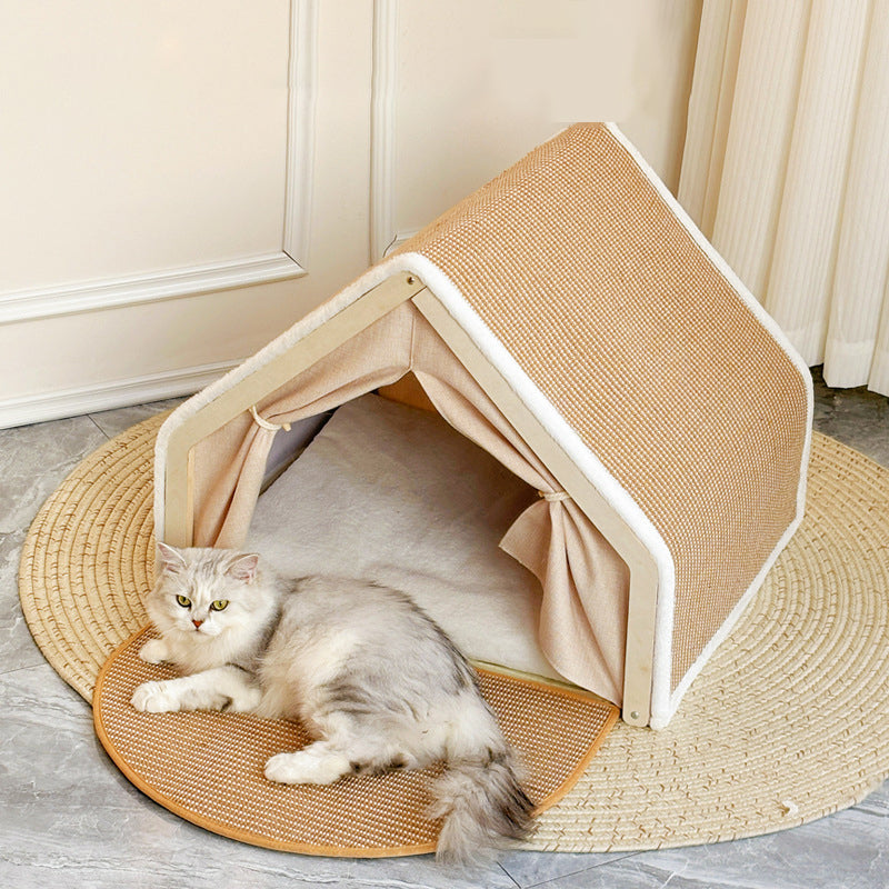 Lit pour chat contemporain scandinave rectangulaire en panneau de bois massif multicouche avec tissu en jute et velours, pour la chambre à coucher 