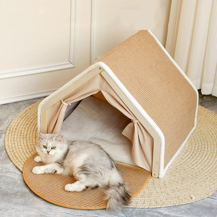 Lit pour chat contemporain scandinave rectangulaire en panneau de bois massif multicouche avec tissu en jute et velours, pour la chambre à coucher 