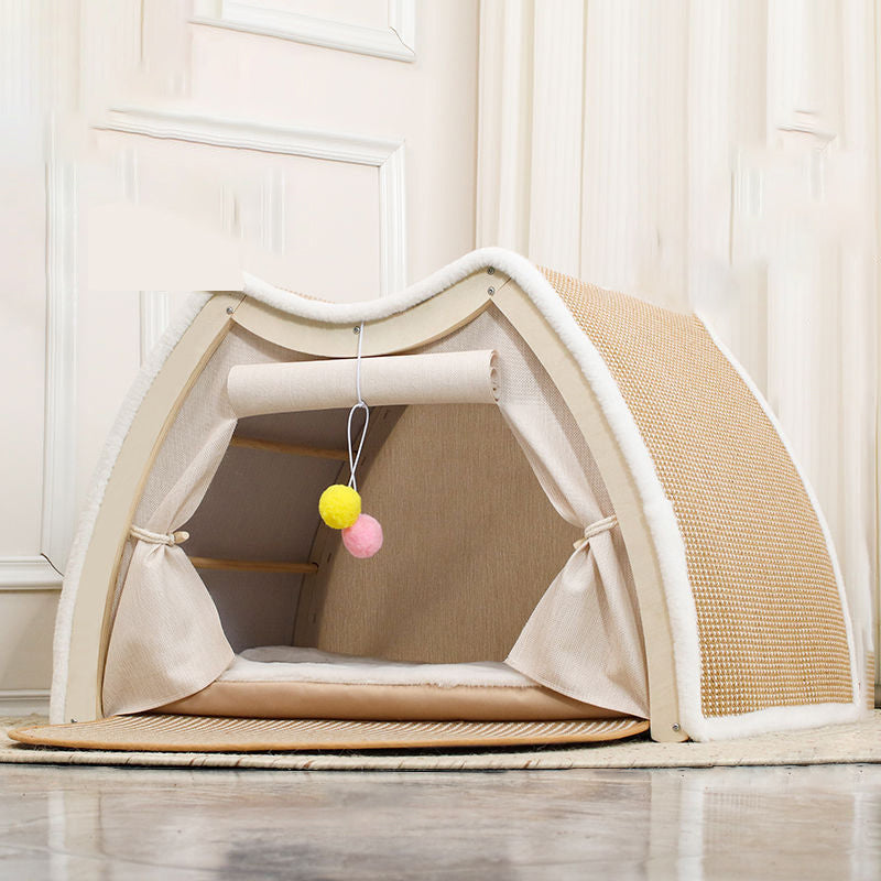 Lit pour chat contemporain scandinave rectangulaire en panneau de bois massif multicouche avec tissu en jute et velours, pour la chambre à coucher 