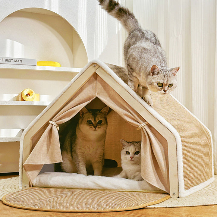 Lit pour chat contemporain scandinave rectangulaire en panneau de bois massif multicouche avec tissu en jute et velours, pour la chambre à coucher 