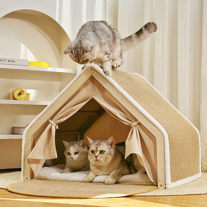 Lit pour chat contemporain scandinave rectangulaire en panneau de bois massif multicouche avec tissu en jute et velours, pour la chambre à coucher 