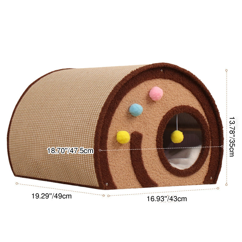 Cama para gatos en forma de rollo de pastel de terciopelo de yute con panel de madera maciza de capas múltiples creativas contemporáneas para el dormitorio 