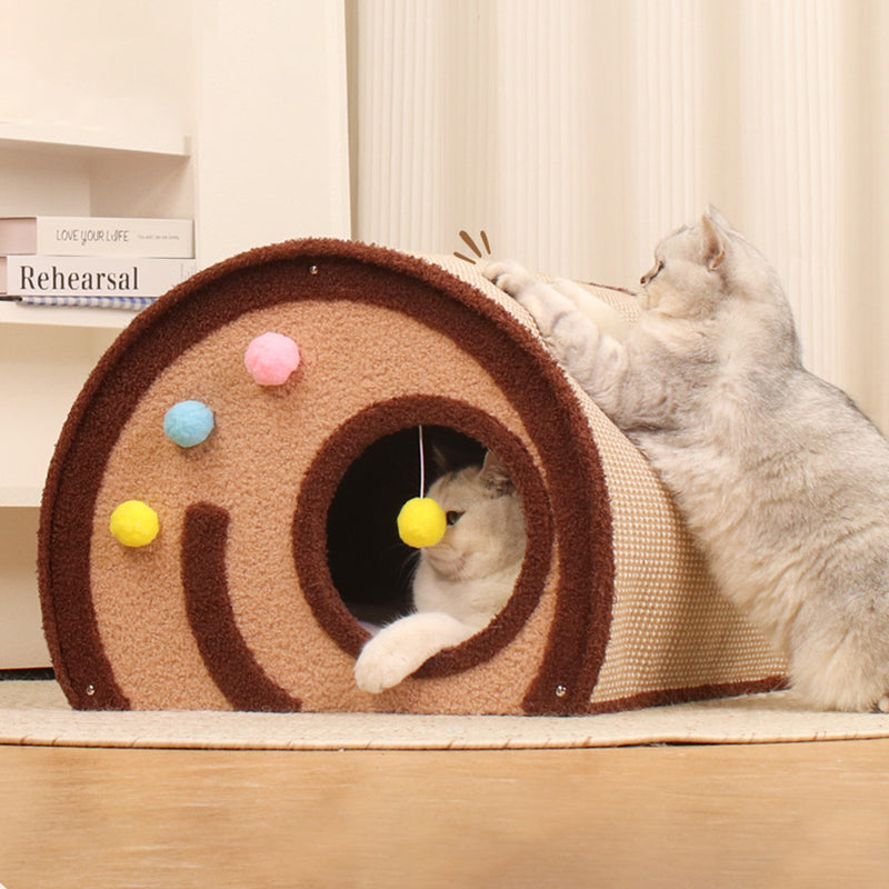 Cama para gatos en forma de rollo de pastel de terciopelo de yute con panel de madera maciza de capas múltiples creativas contemporáneas para el dormitorio 