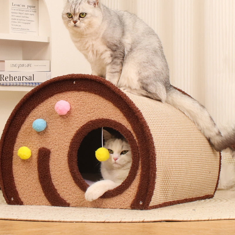 Cama para gatos en forma de rollo de pastel de terciopelo de yute con panel de madera maciza de capas múltiples creativas contemporáneas para el dormitorio 