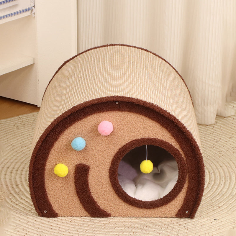 Cama para gatos en forma de rollo de pastel de terciopelo de yute con panel de madera maciza de capas múltiples creativas contemporáneas para el dormitorio 
