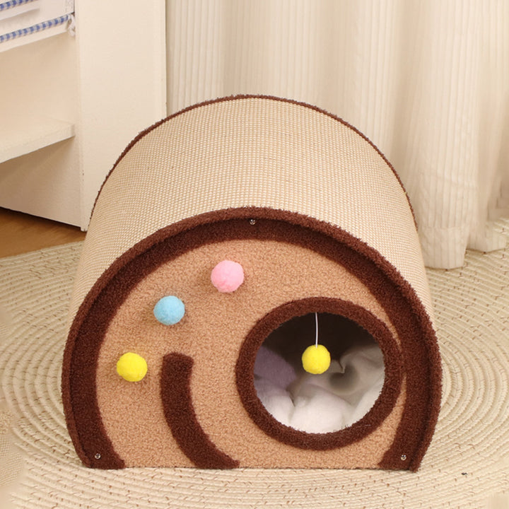 Cama para gatos en forma de rollo de pastel de terciopelo de yute con panel de madera maciza de capas múltiples creativas contemporáneas para el dormitorio 