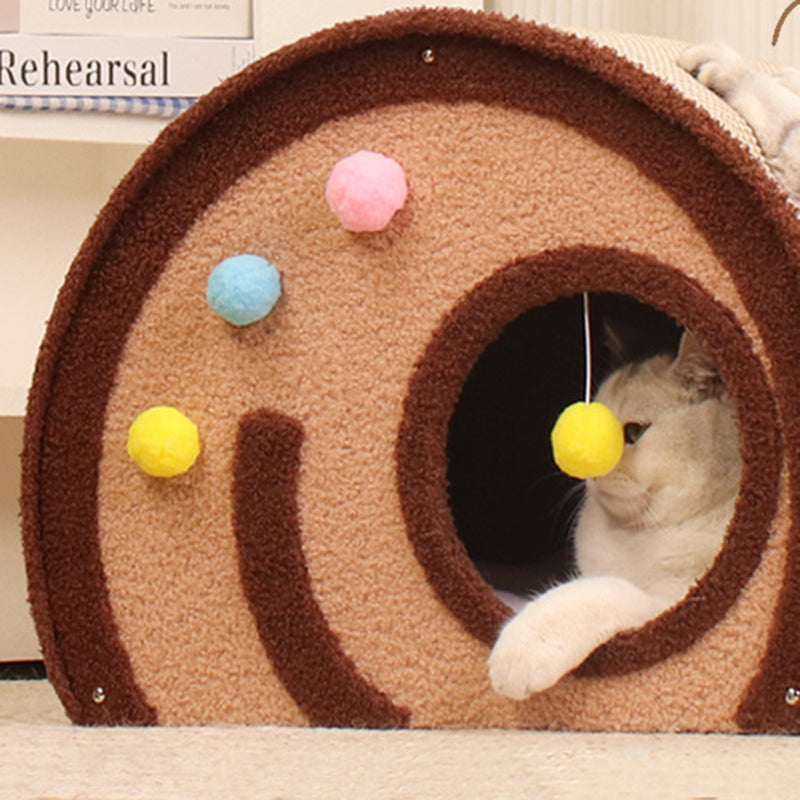 Cama para gatos en forma de rollo de pastel de terciopelo de yute con panel de madera maciza de capas múltiples creativas contemporáneas para el dormitorio 