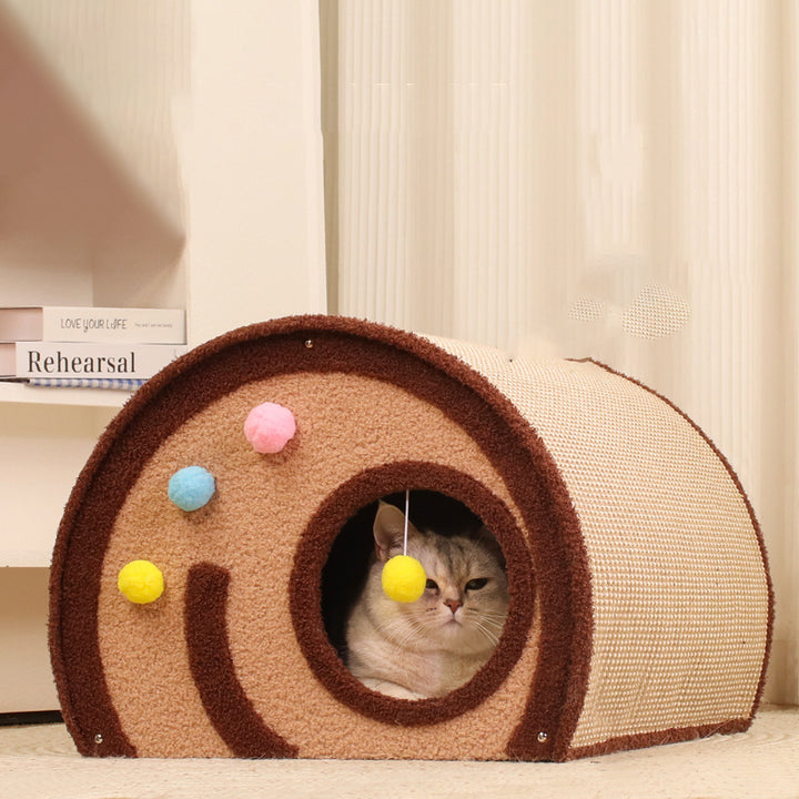 Cama para gatos en forma de rollo de pastel de terciopelo de yute con panel de madera maciza de capas múltiples creativas contemporáneas para el dormitorio 