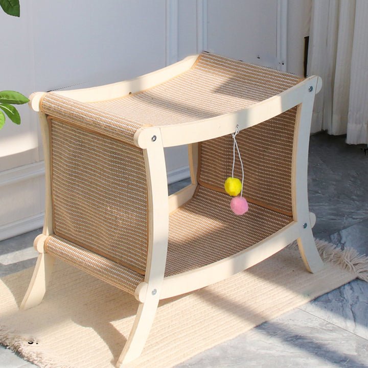 Contemporary Scandinavian Rectangular Multi-Layer Solid Wood Panel Jute Double-Layer Cat Bed For Bedroom
