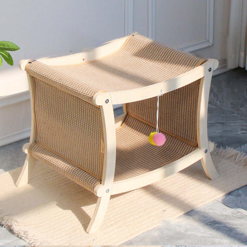 Contemporary Scandinavian Rectangular Multi-Layer Solid Wood Panel Jute Double-Layer Cat Bed For Bedroom