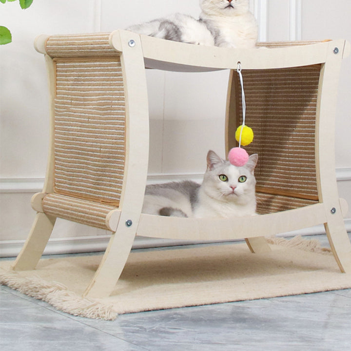 Contemporary Scandinavian Rectangular Multi-Layer Solid Wood Panel Jute Double-Layer Cat Bed For Bedroom