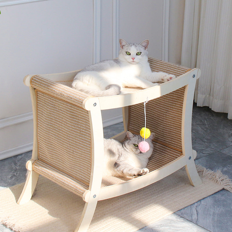 Contemporary Scandinavian Rectangular Multi-Layer Solid Wood Panel Jute Double-Layer Cat Bed For Bedroom