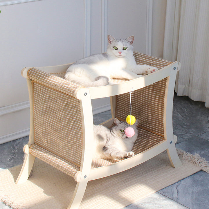 Contemporary Scandinavian Rectangular Multi-Layer Solid Wood Panel Jute Double-Layer Cat Bed For Bedroom