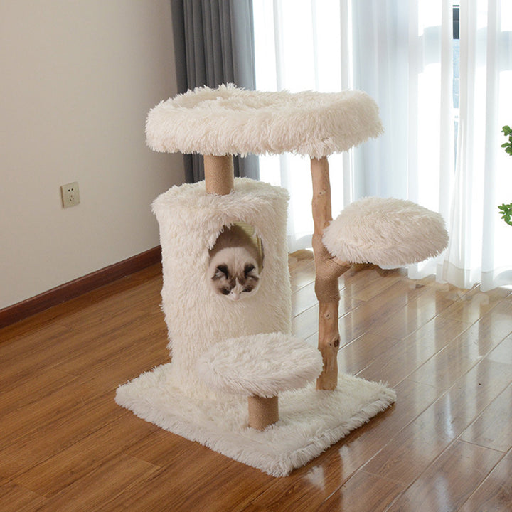 Contemporary Scandinavian Round Natural Fruit Wood Particle Board Velvet Fabric Jute Cat Tree 3-Tier For Living Room