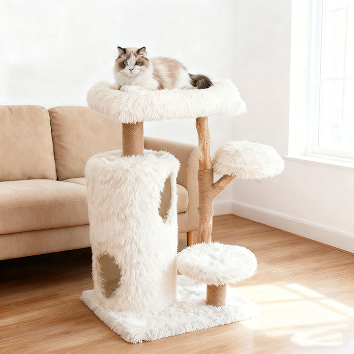 Contemporary Scandinavian Round Natural Fruit Wood Particle Board Velvet Fabric Jute Cat Tree 3-Tier For Living Room